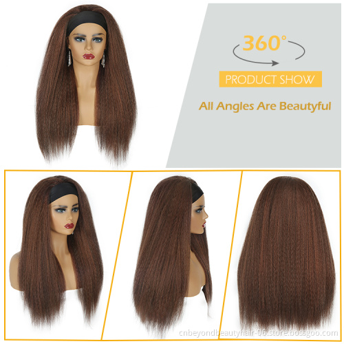 Brown Natural Black Long Kinky Straight Headband Synthetic Hair Wigs For African American Women Natural Black Afro Wig